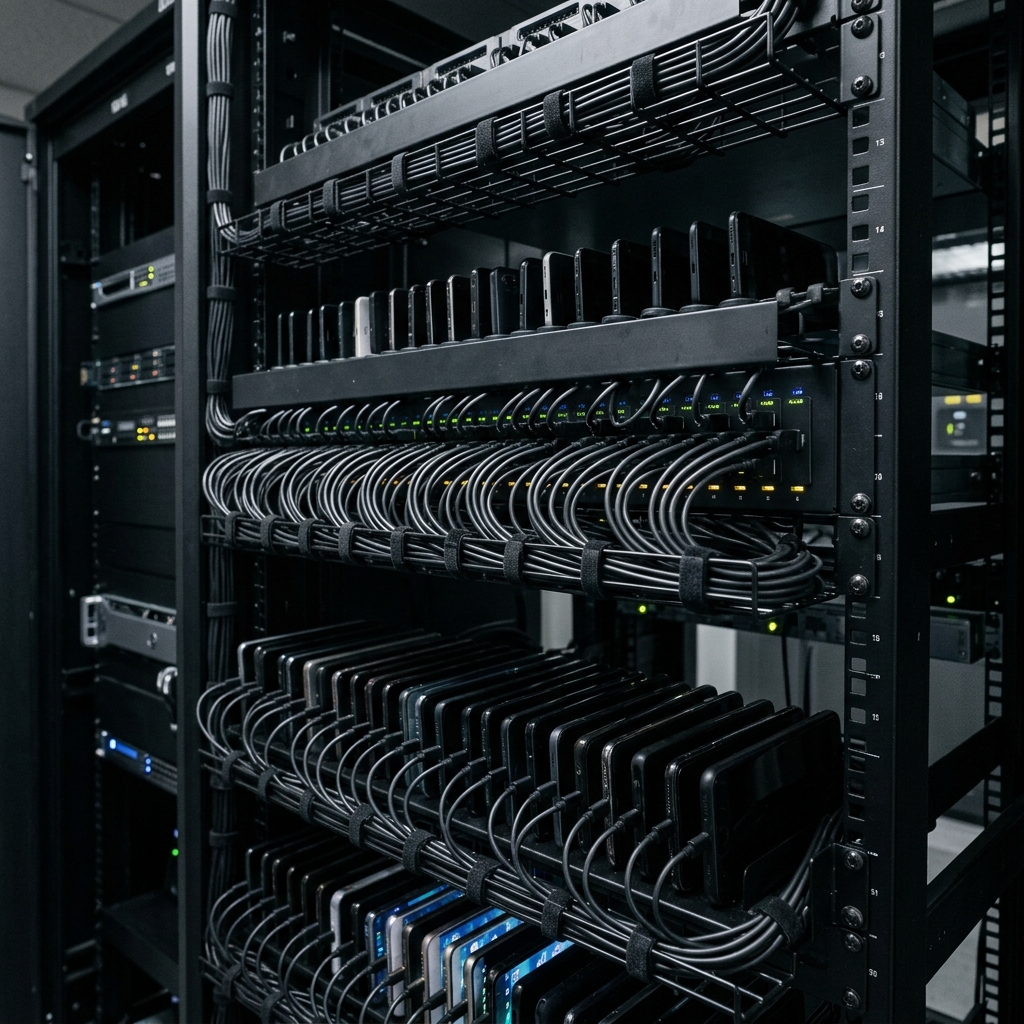 Professional cable management in a phone farm with organized USB cables