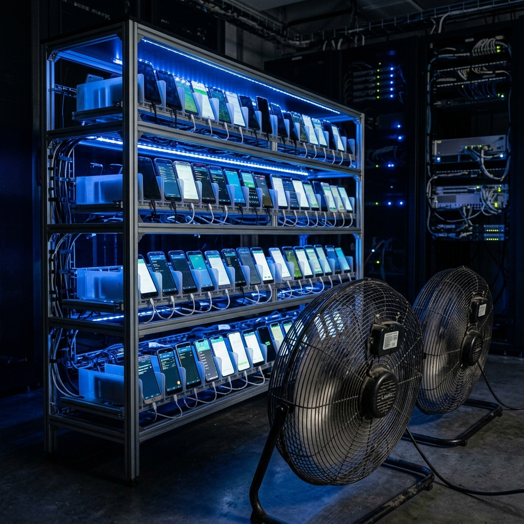 Phone farm cooling setup with fans directing airflow at device rack