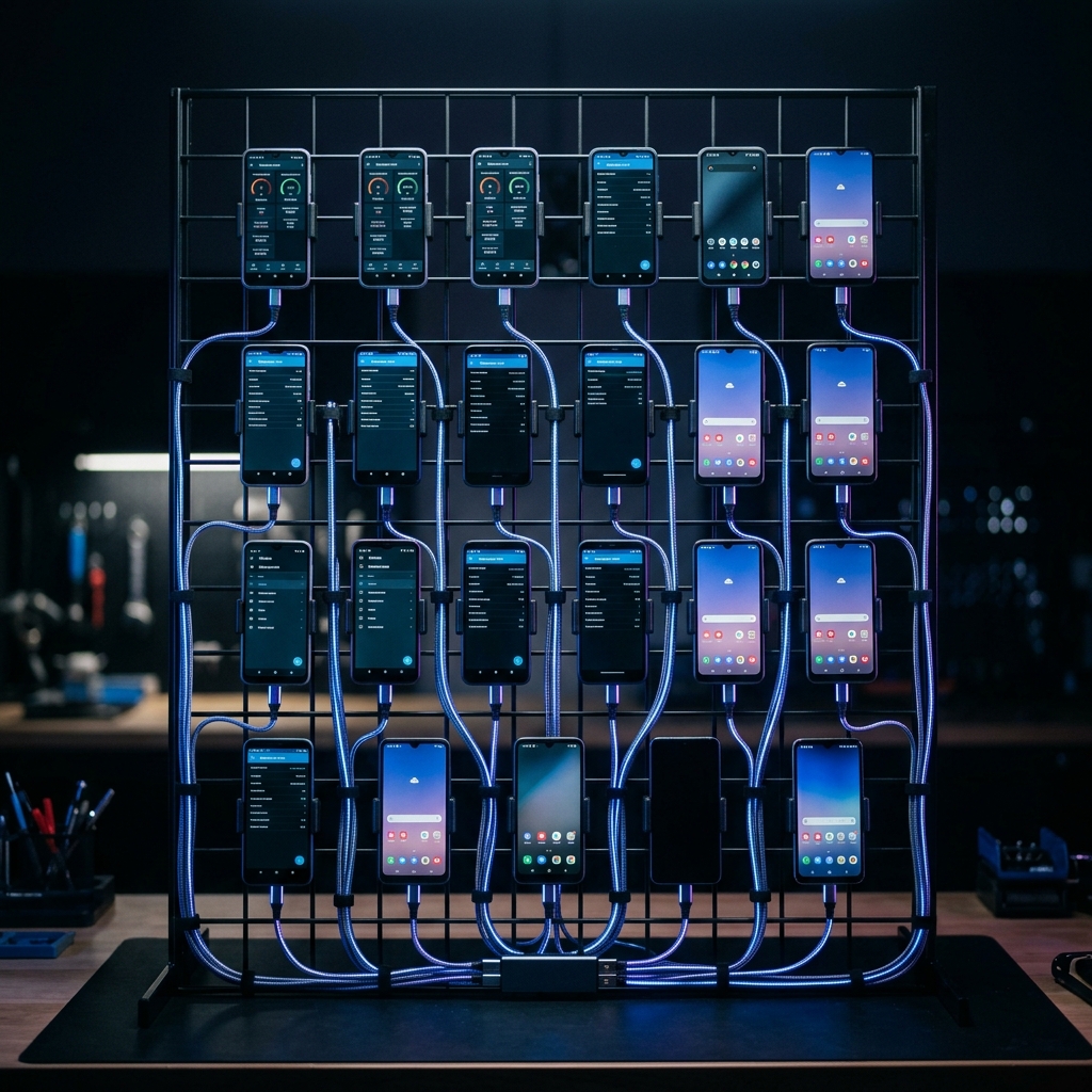 Professional phone farm setup with 20 Android smartphones in a wire rack with clean cable management