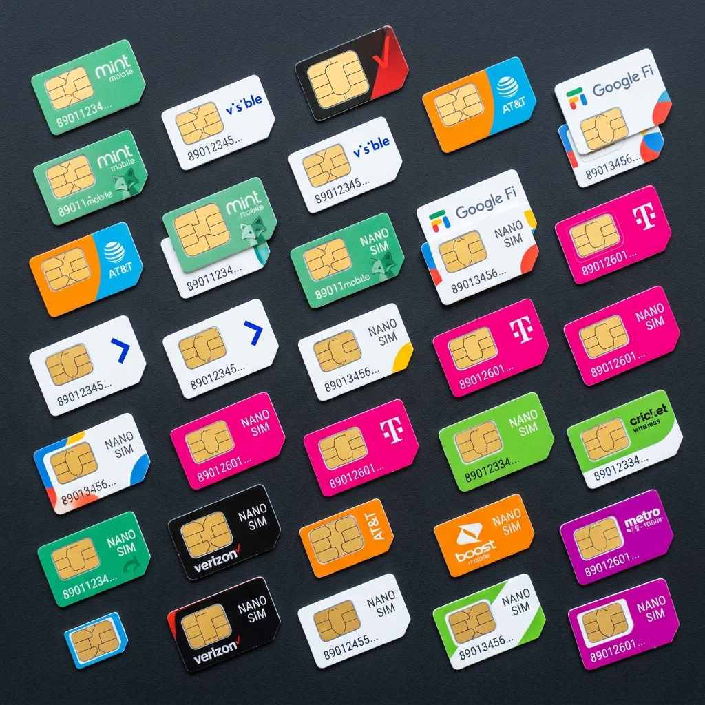 Array of SIM cards from various mobile carriers for phone farm operation
